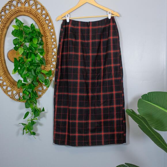 Vintage Red Black Plaid Midi Skirt Lined Wool Blend Button Waist | Dark Autumn - Picture 2 of 8